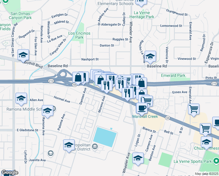 map of restaurants, bars, coffee shops, grocery stores, and more near 1201 Foothill Boulevard in La Verne
