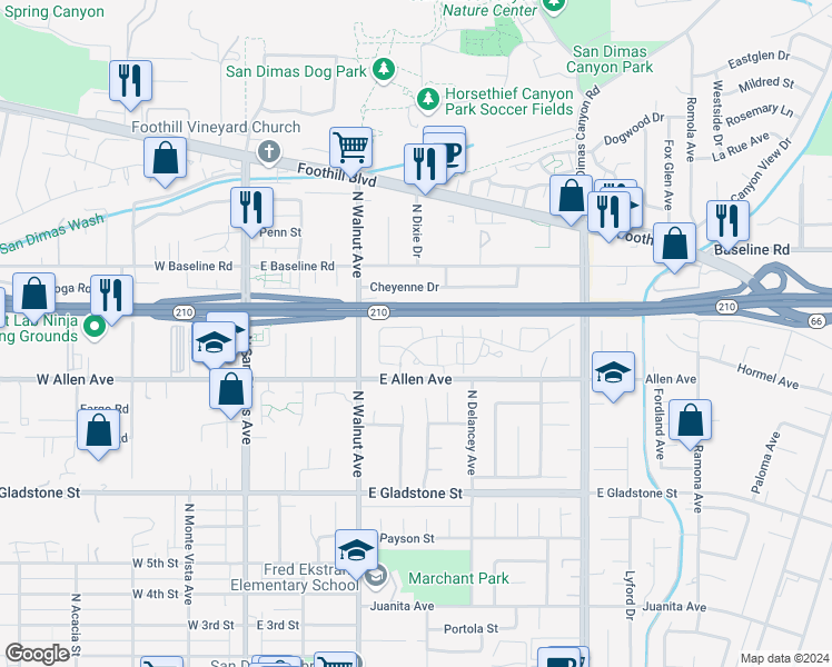 map of restaurants, bars, coffee shops, grocery stores, and more near 994 Bidwell Road in San Dimas