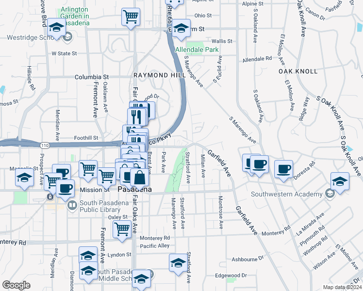 map of restaurants, bars, coffee shops, grocery stores, and more near 1806 Grevelia Street in South Pasadena