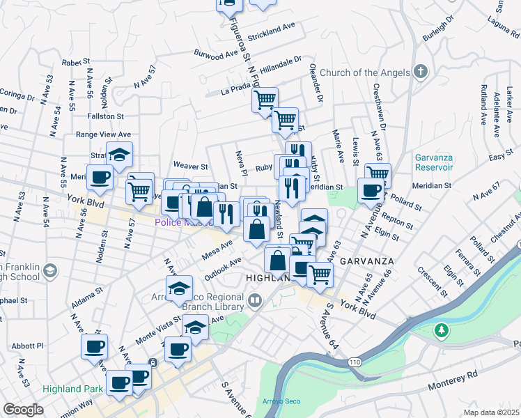 map of restaurants, bars, coffee shops, grocery stores, and more near 301 Branch Street in Los Angeles