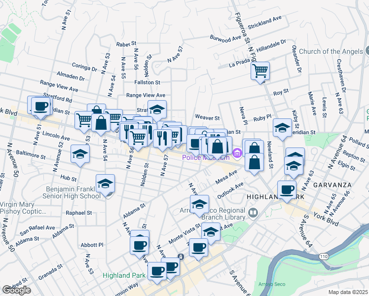 map of restaurants, bars, coffee shops, grocery stores, and more near 5731 York Boulevard in Los Angeles