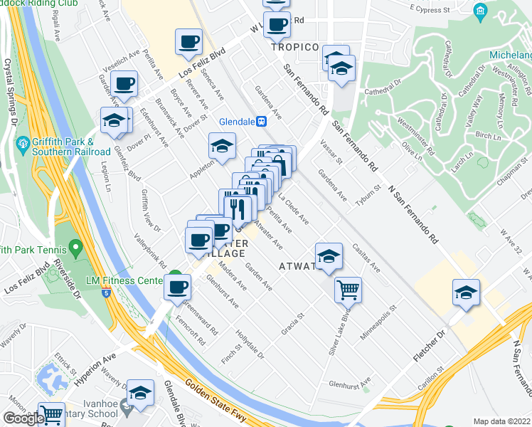 map of restaurants, bars, coffee shops, grocery stores, and more near 3526 Perlita Avenue in Los Angeles
