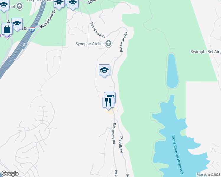 map of restaurants, bars, coffee shops, grocery stores, and more near 2405 Roscomare Road in Los Angeles
