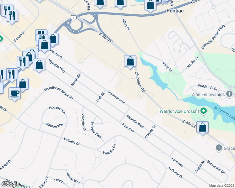 map of restaurants, bars, coffee shops, grocery stores, and more near 321 Burmaster Drive in Columbia
