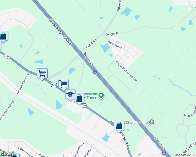 map of restaurants, bars, coffee shops, grocery stores, and more near 125 Western Lane in Irmo