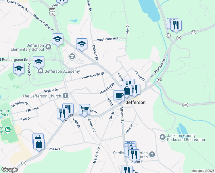 map of restaurants, bars, coffee shops, grocery stores, and more near 84 Mahaffey Street in Jefferson