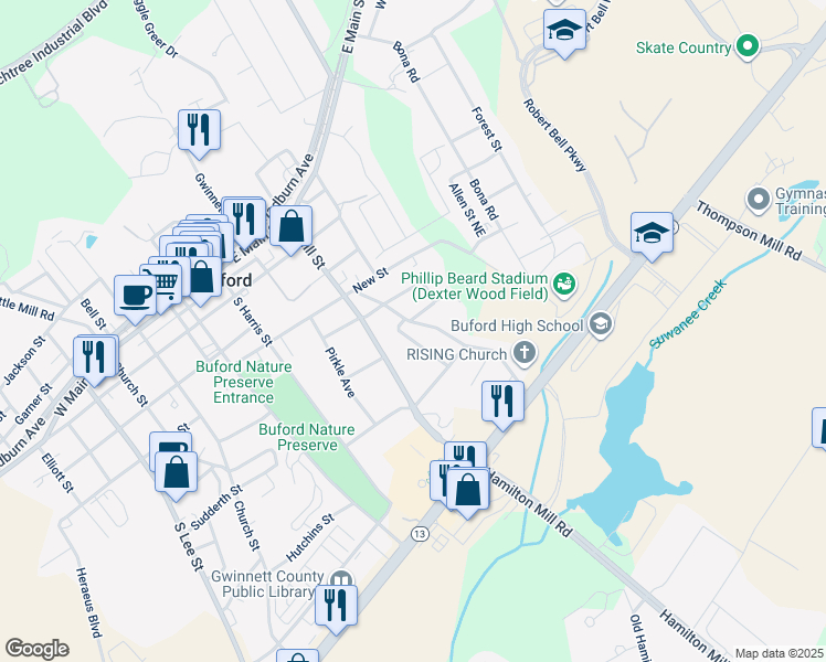 map of restaurants, bars, coffee shops, grocery stores, and more near 514 Clover Drive in Buford
