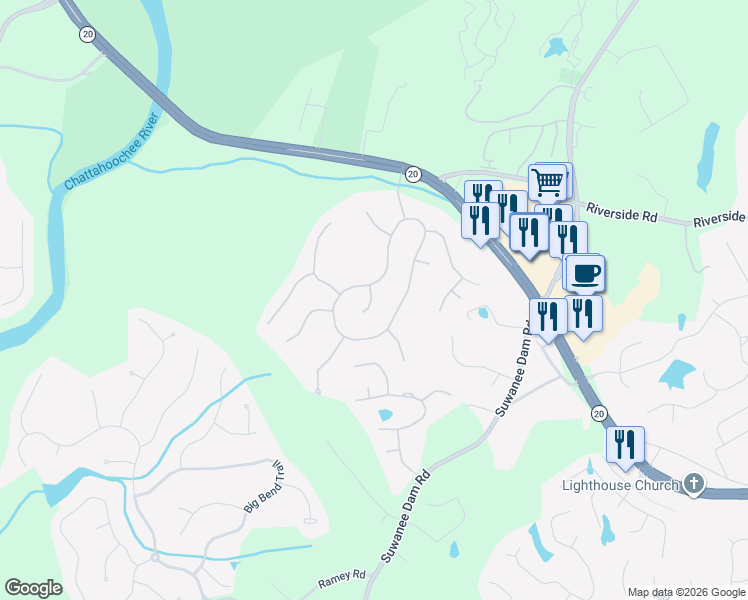 map of restaurants, bars, coffee shops, grocery stores, and more near 651 Brook Valley Way in Sugar Hill