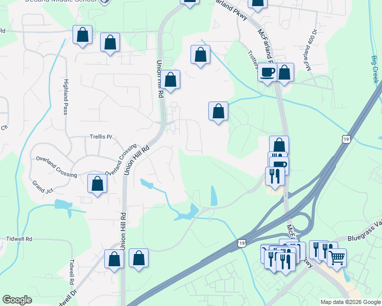 map of restaurants, bars, coffee shops, grocery stores, and more near 1650 Winshire Cove in Alpharetta