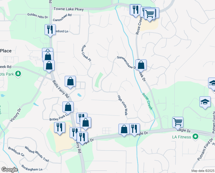 map of restaurants, bars, coffee shops, grocery stores, and more near 703 Kirkwood Circle in Woodstock
