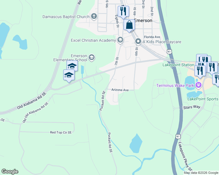 map of restaurants, bars, coffee shops, grocery stores, and more near 51 Puckett Road Southeast in Emerson