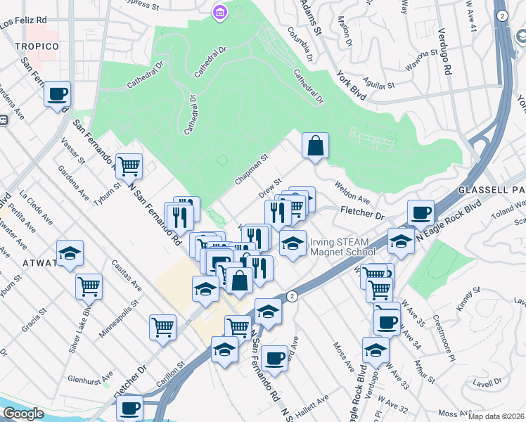 map of restaurants, bars, coffee shops, grocery stores, and more near 3234 Drew Street in Los Angeles