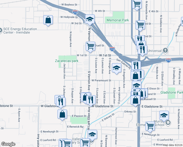 map of restaurants, bars, coffee shops, grocery stores, and more near 224 South Vernon Avenue in Azusa