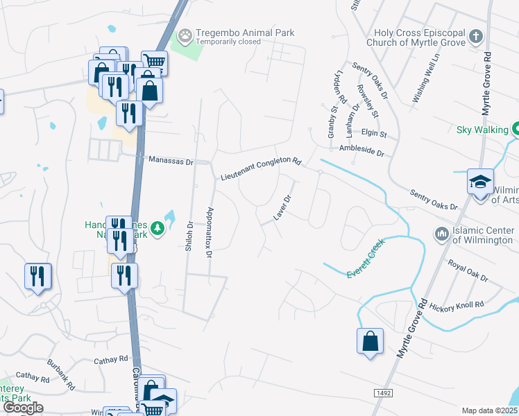 map of restaurants, bars, coffee shops, grocery stores, and more near Tarin Road in Wilmington