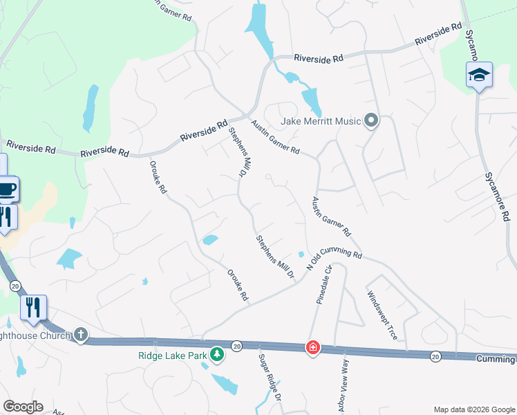 map of restaurants, bars, coffee shops, grocery stores, and more near 819 Pond View Court in Buford