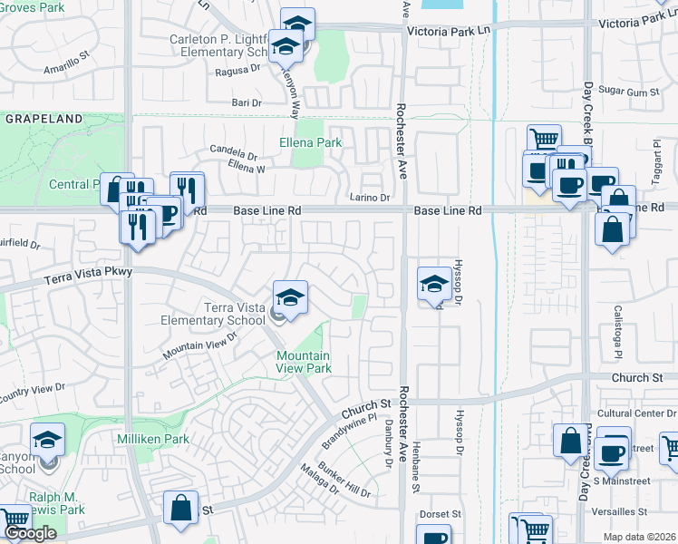 map of restaurants, bars, coffee shops, grocery stores, and more near 7436 Rutledge Court in Rancho Cucamonga