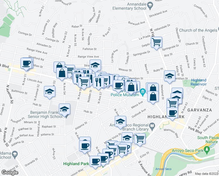 map of restaurants, bars, coffee shops, grocery stores, and more near 5731 York Boulevard in Los Angeles