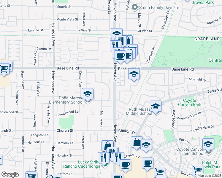 map of restaurants, bars, coffee shops, grocery stores, and more near 7431 Mesada Street in Rancho Cucamonga