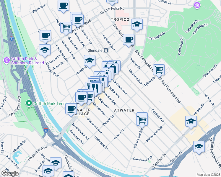 map of restaurants, bars, coffee shops, grocery stores, and more near 3526 Perlita Avenue in Los Angeles
