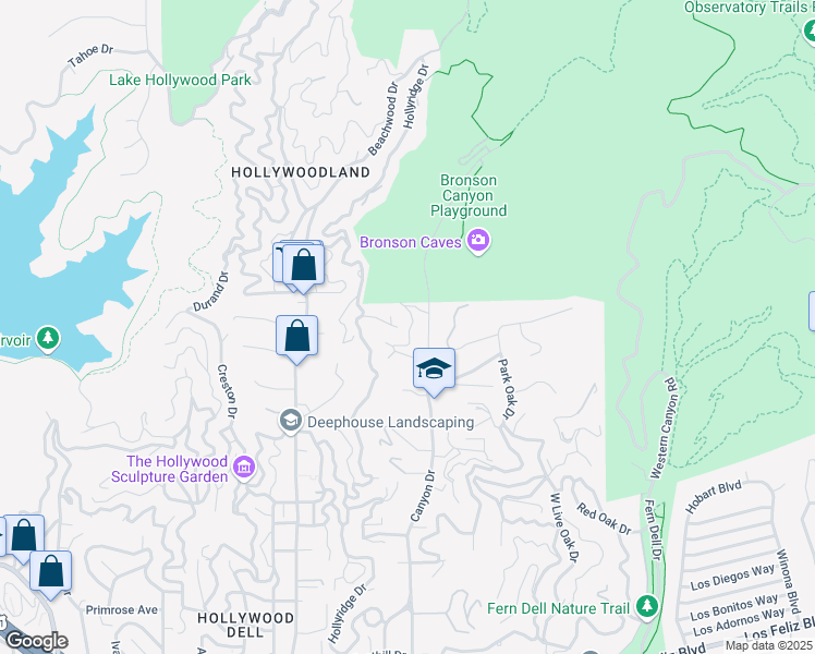 map of restaurants, bars, coffee shops, grocery stores, and more near 2647 Bronholly Drive in Los Angeles