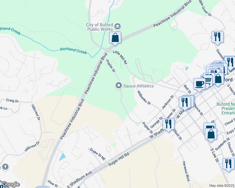 map of restaurants, bars, coffee shops, grocery stores, and more near 382 Poplar Street in Buford