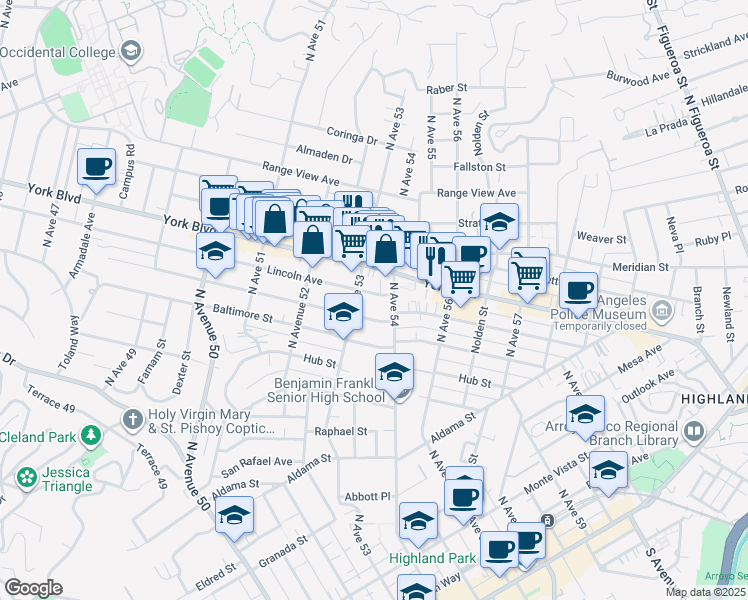 map of restaurants, bars, coffee shops, grocery stores, and more near 5322 Lincoln Avenue in Los Angeles