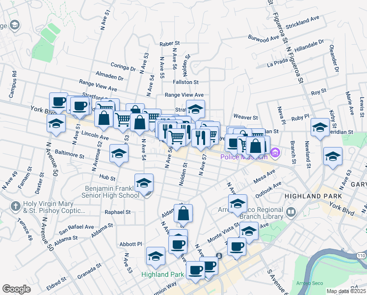 map of restaurants, bars, coffee shops, grocery stores, and more near 5628 York Boulevard in Los Angeles