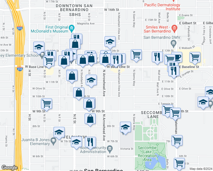 map of restaurants, bars, coffee shops, grocery stores, and more near 1077 North Arrowhead Avenue in San Bernardino