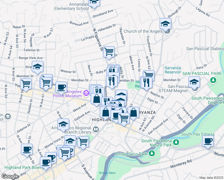 map of restaurants, bars, coffee shops, grocery stores, and more near 6439 North Figueroa Street in Los Angeles