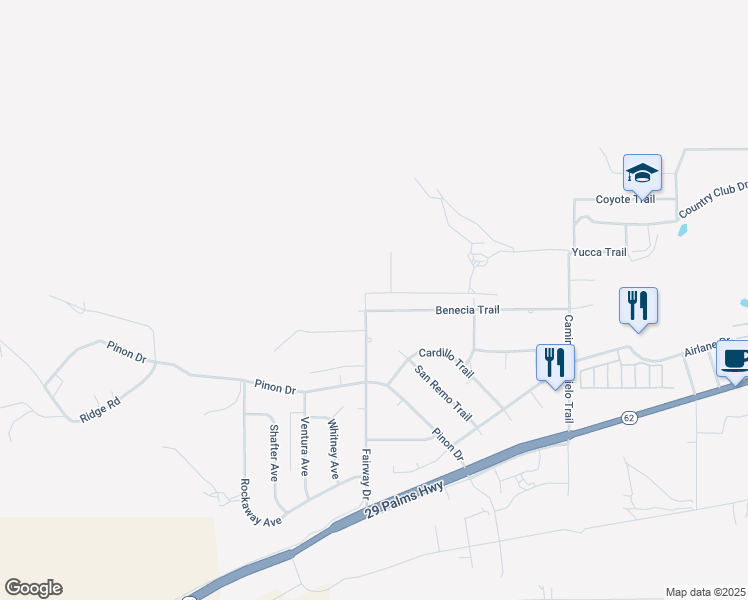 map of restaurants, bars, coffee shops, grocery stores, and more near 54516 Benecia Trail in Yucca Valley