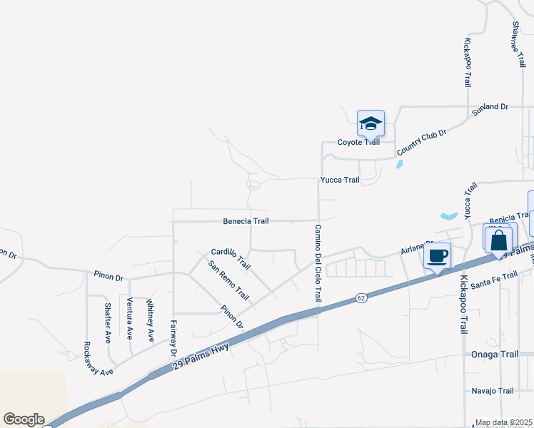 map of restaurants, bars, coffee shops, grocery stores, and more near 54748 Benecia Trail in Yucca Valley