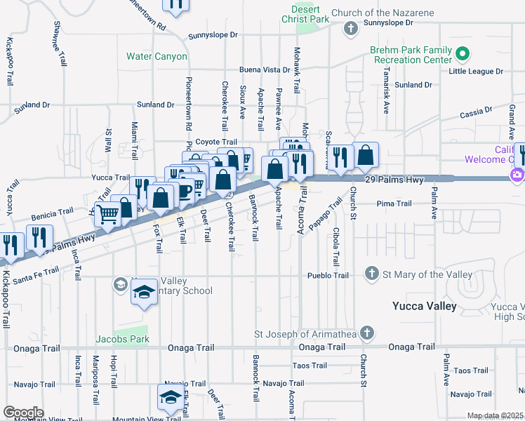 map of restaurants, bars, coffee shops, grocery stores, and more near 56021 Santa Fe Trail in Yucca Valley