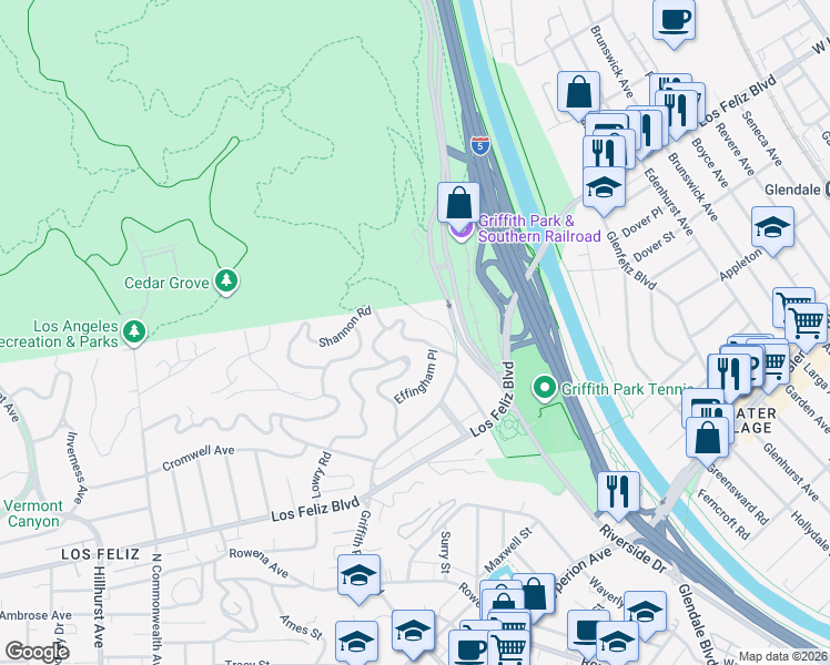 map of restaurants, bars, coffee shops, grocery stores, and more near 3647 Shannon Road in Los Angeles