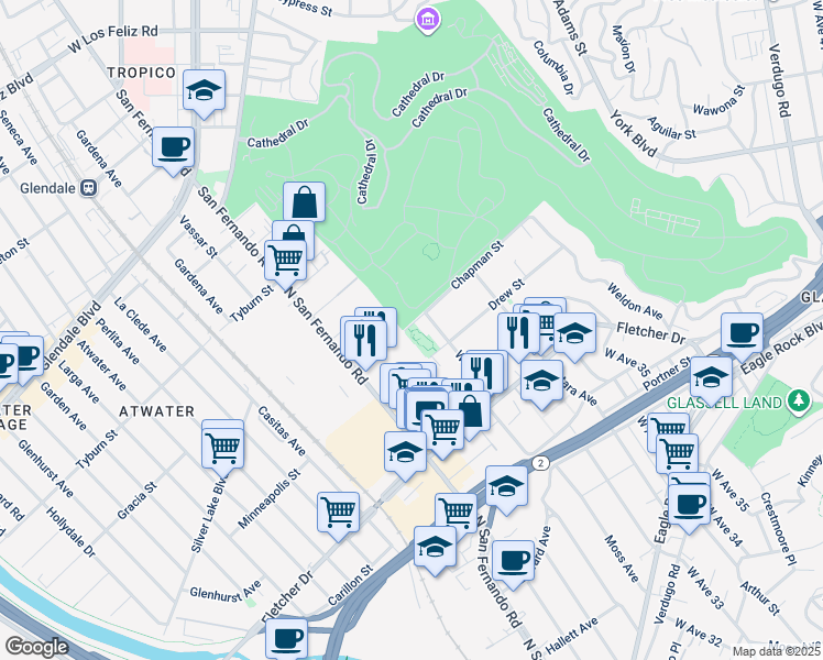 map of restaurants, bars, coffee shops, grocery stores, and more near 3135 Drew Street in Los Angeles