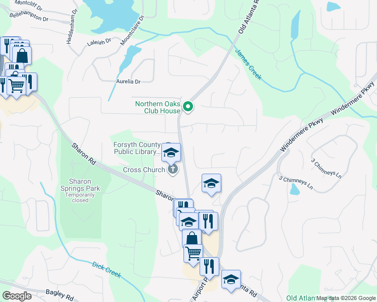 map of restaurants, bars, coffee shops, grocery stores, and more near 3805 Pennington Road in Cumming