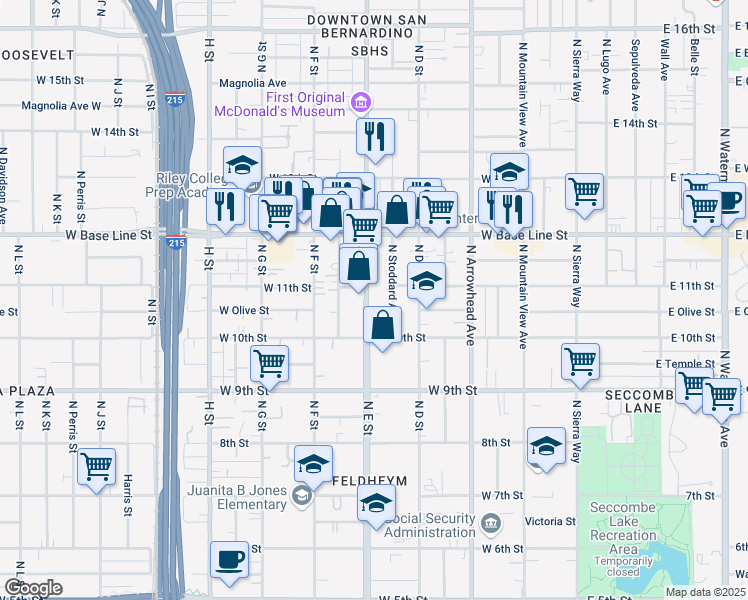 map of restaurants, bars, coffee shops, grocery stores, and more near 1071 North E Street in San Bernardino