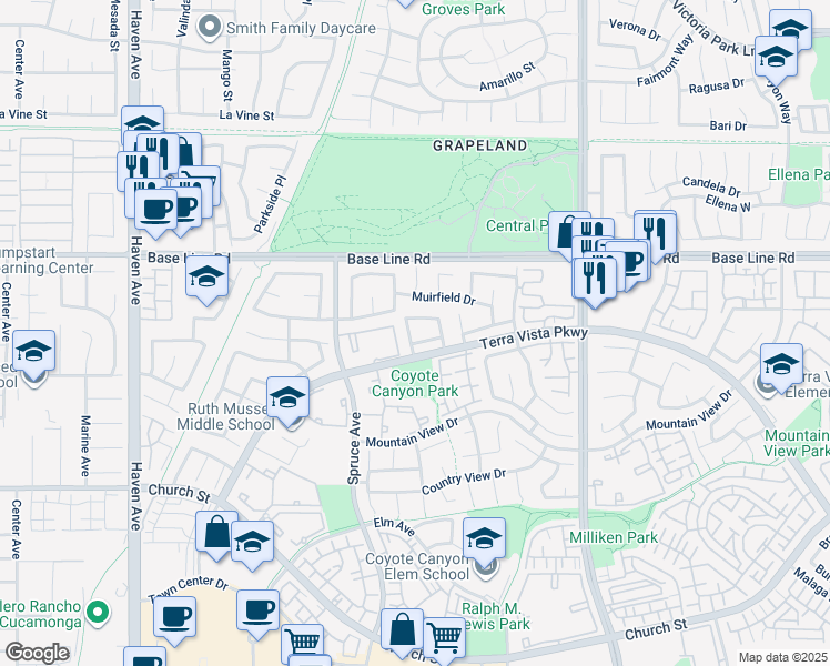 map of restaurants, bars, coffee shops, grocery stores, and more near 7419 Butterfield Place in Rancho Cucamonga
