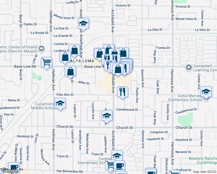map of restaurants, bars, coffee shops, grocery stores, and more near 7450 Archibald Avenue in Rancho Cucamonga