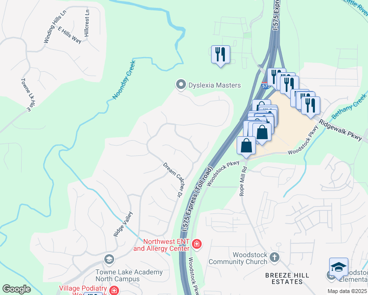 map of restaurants, bars, coffee shops, grocery stores, and more near 630 Overhill Drive in Woodstock