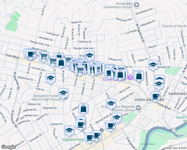 map of restaurants, bars, coffee shops, grocery stores, and more near 5685 1/2 York Boulevard in Los Angeles