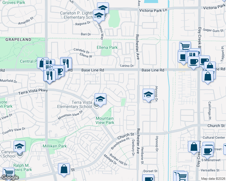 map of restaurants, bars, coffee shops, grocery stores, and more near 7436 Rutledge Court in Rancho Cucamonga