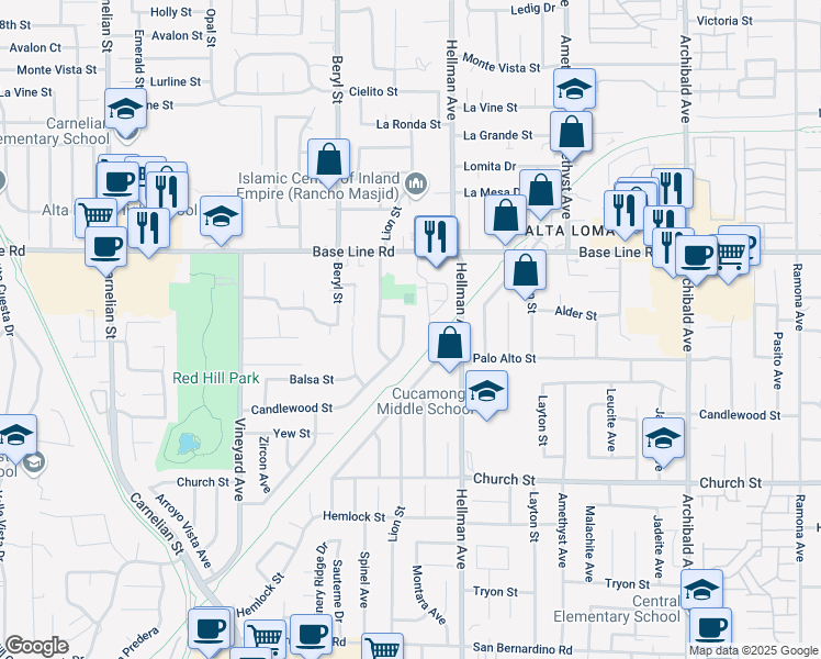 map of restaurants, bars, coffee shops, grocery stores, and more near 9177 Candlewood Street in Rancho Cucamonga