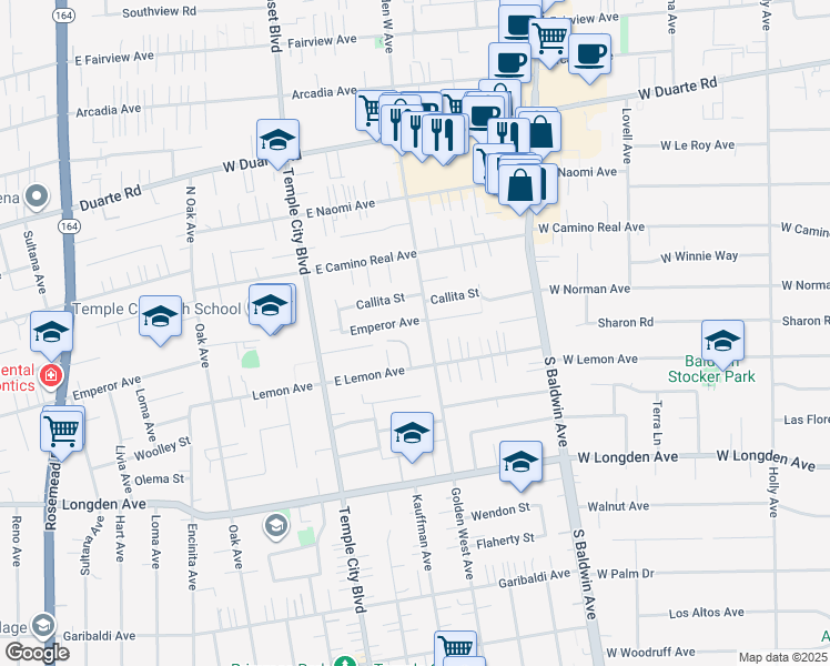 map of restaurants, bars, coffee shops, grocery stores, and more near 6530 Coralee Avenue in Arcadia