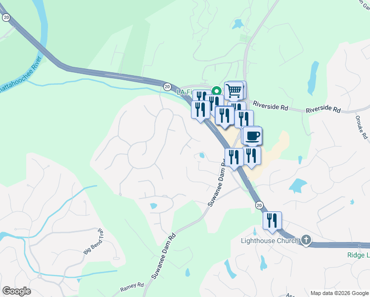 map of restaurants, bars, coffee shops, grocery stores, and more near 345 Hillside Manor Drive Northeast in Sugar Hill