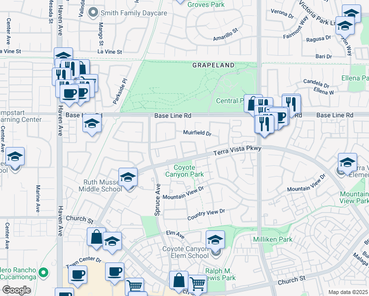 map of restaurants, bars, coffee shops, grocery stores, and more near 7419 Butterfield Place in Rancho Cucamonga