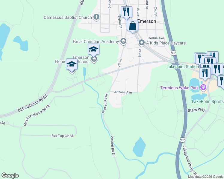 map of restaurants, bars, coffee shops, grocery stores, and more near 51 Puckett Road Southeast in Emerson
