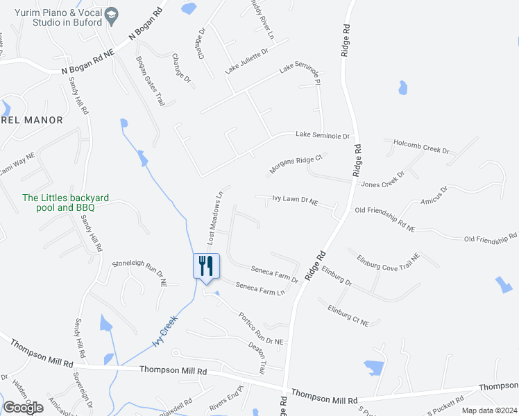 map of restaurants, bars, coffee shops, grocery stores, and more near 3940 Ivy Lawn Court in Buford