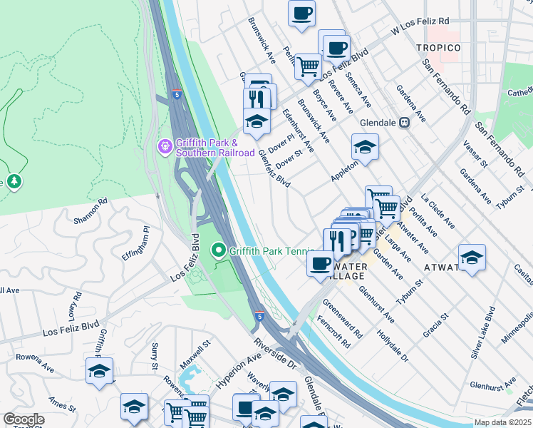map of restaurants, bars, coffee shops, grocery stores, and more near 3792 Valleybrink Road in Los Angeles