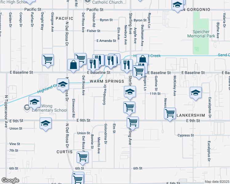 map of restaurants, bars, coffee shops, grocery stores, and more near 7433 Elm Street in San Bernardino