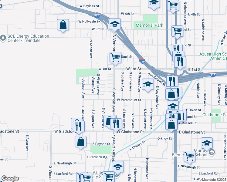 map of restaurants, bars, coffee shops, grocery stores, and more near 223 South Vernon Avenue in Azusa